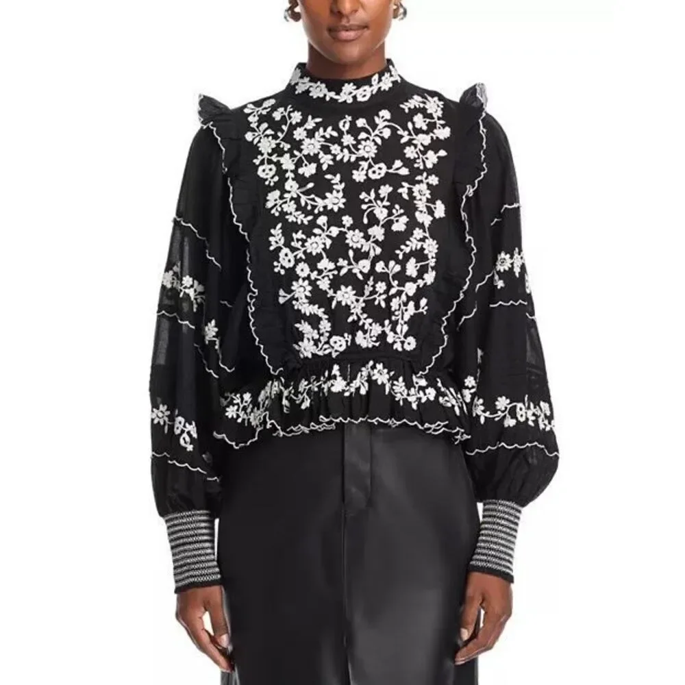 Farm Rio Women's Black White Embroidered Ruffle Long Sleeve Blouse Small NWOT